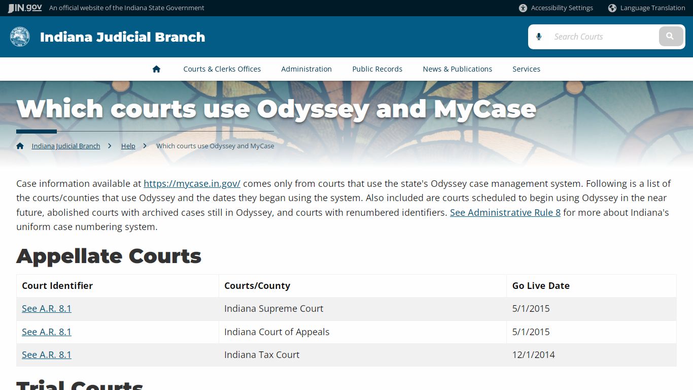 Which courts use Odyssey and MyCase - Indiana Judicial Branch
